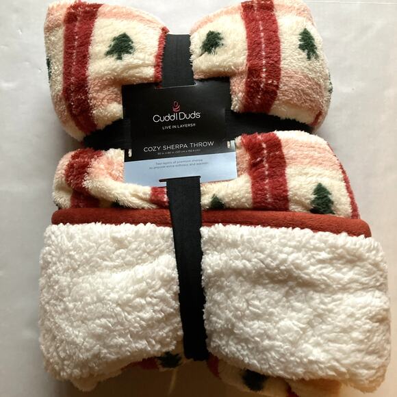Cuddl Duds Cozy Plush Sherpa Throw 50”x60” Christmas Trees Plaid - Reversible - Picture 1 of 9